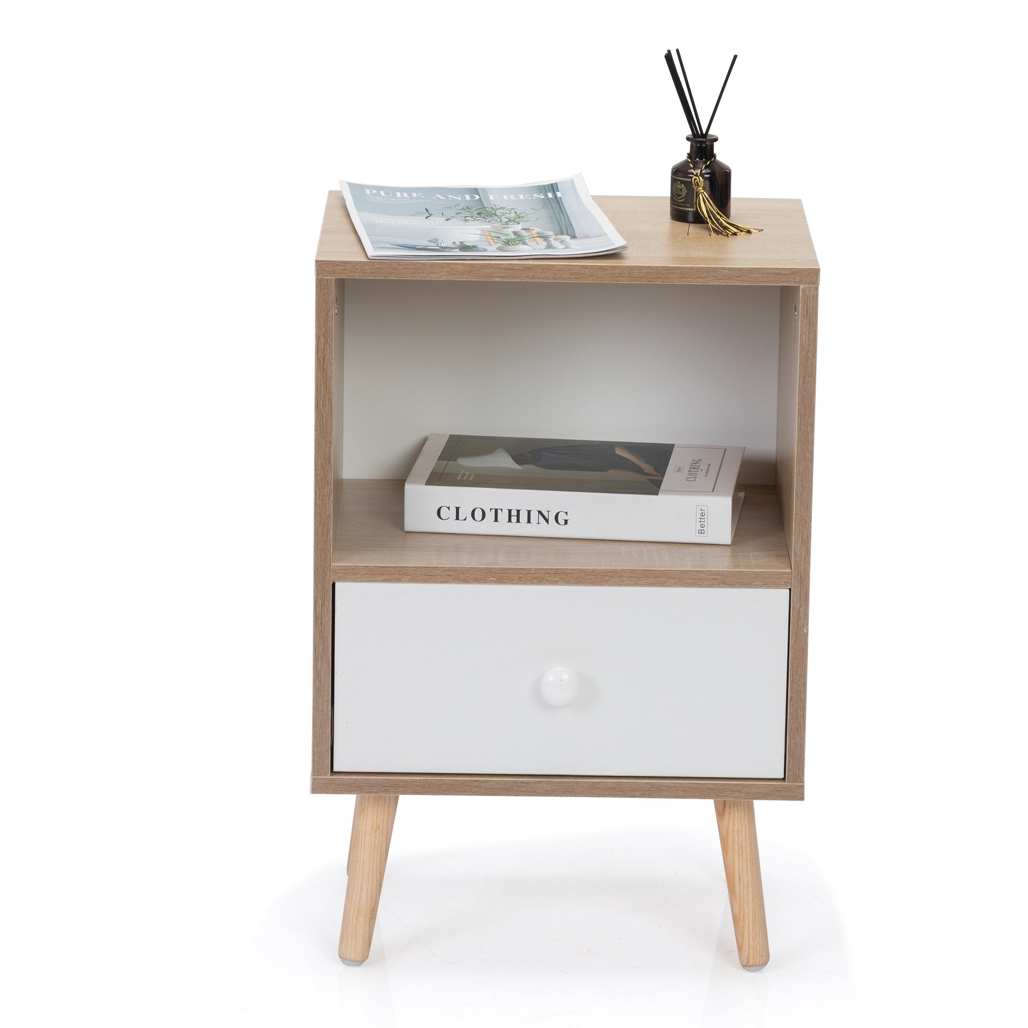 Coocosh Nightstand with open shelf and drawer, crafted from durable MDF and wood, featuring a natural wood finish and white drawer, designed for modern interiors, measuring approximately 24" high x 18" wide, presented in a clean, front-facing view.