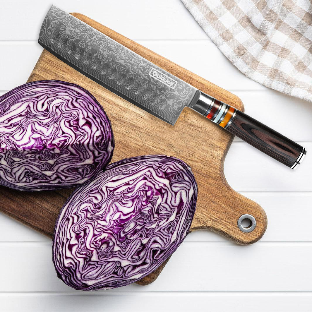 Qulajoy 7 Inch Nakiri Chef Knife, 67-Layer Damascus VG-10, Pakkawood Handle