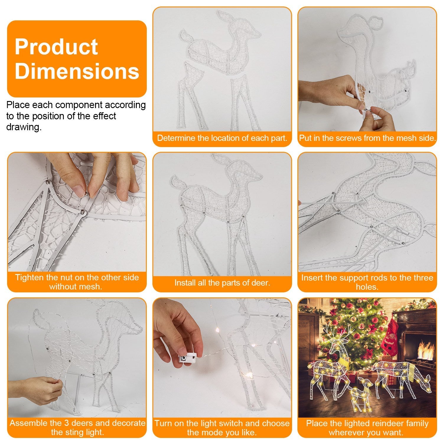 3 Sets Lighted 2D Reindeer Family — Warm Yellow LED Christmas Decoration (Buck, Doe, Fawn)