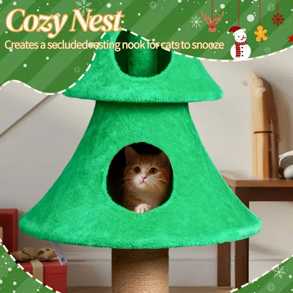 59in Large Tall Christmas Tree Cat Tower With 2 Cat Condos & Scratching Post, Soft Fleece, Teaser Toy, Sturdy Base - Green
