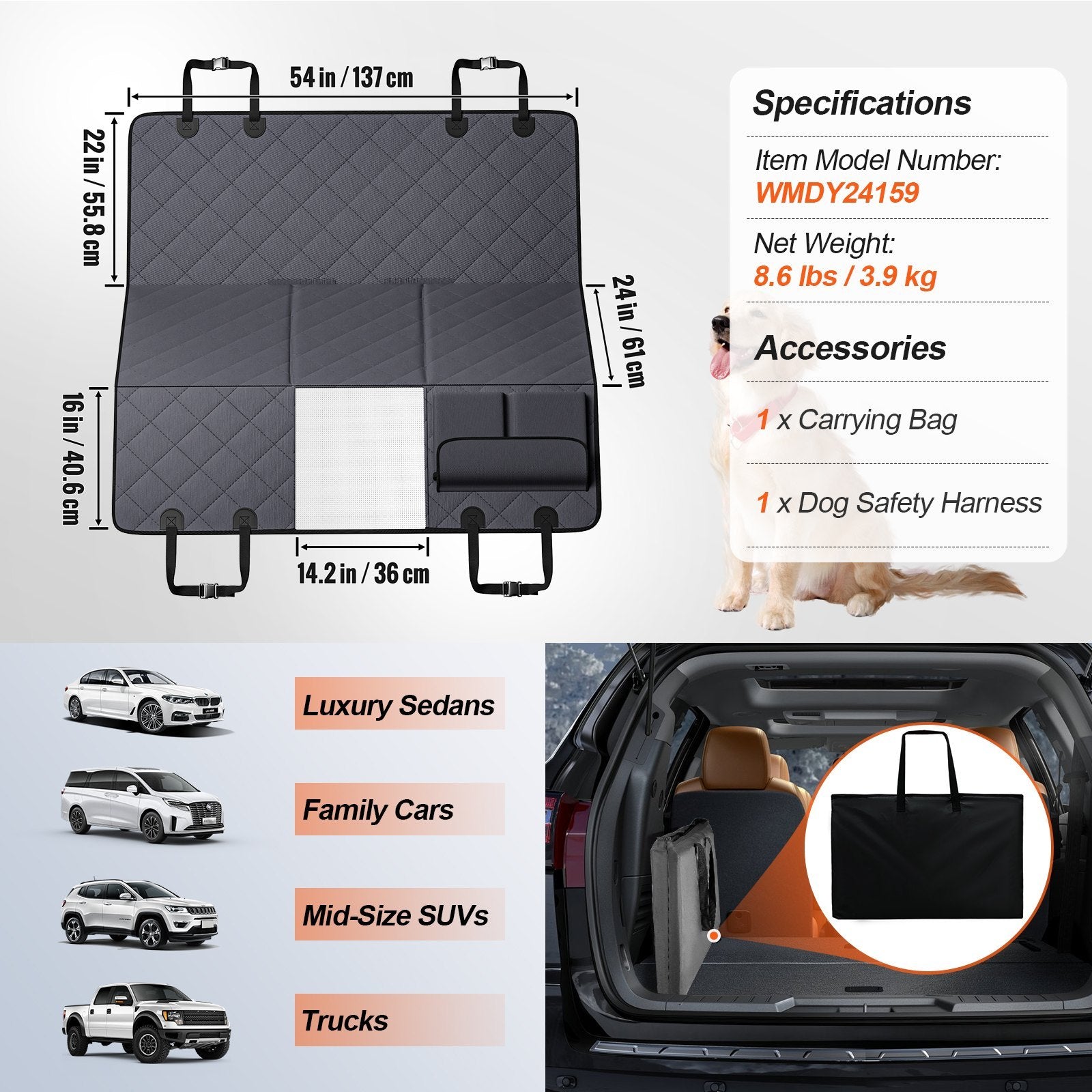 Dog Car Seat Cover – Waterproof 600D Back-Seat Hammock, Nonslip, Side Flaps, Hard-Bottom Extension