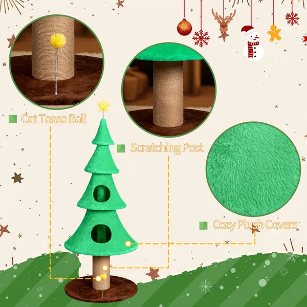 59in Large Tall Christmas Tree Cat Tower With 2 Cat Condos & Scratching Post, Soft Fleece, Teaser Toy, Sturdy Base - Green