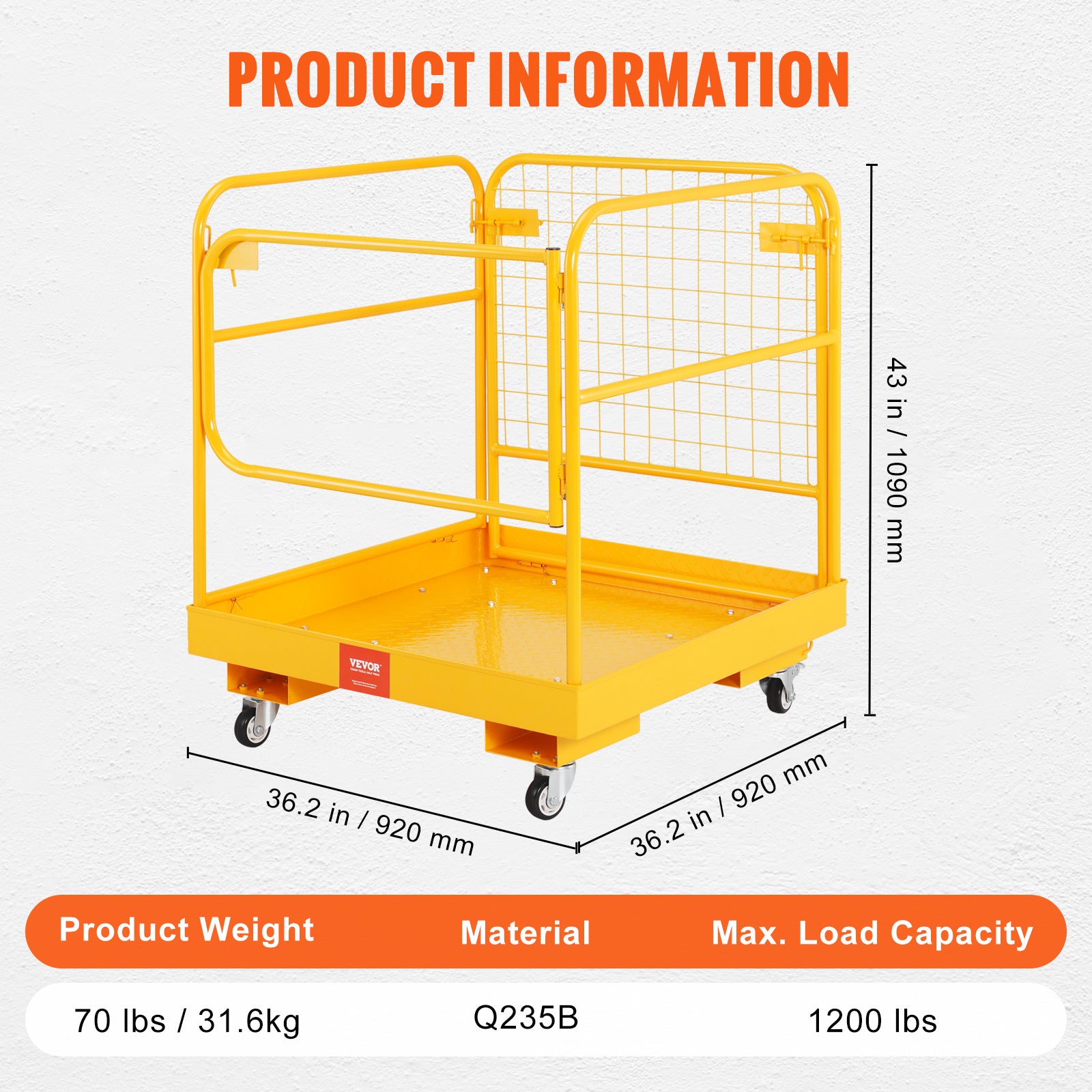 VEVOR Forklift Safety Cage, 1200 Lbs, 36 x 36 in Folding Work Platform