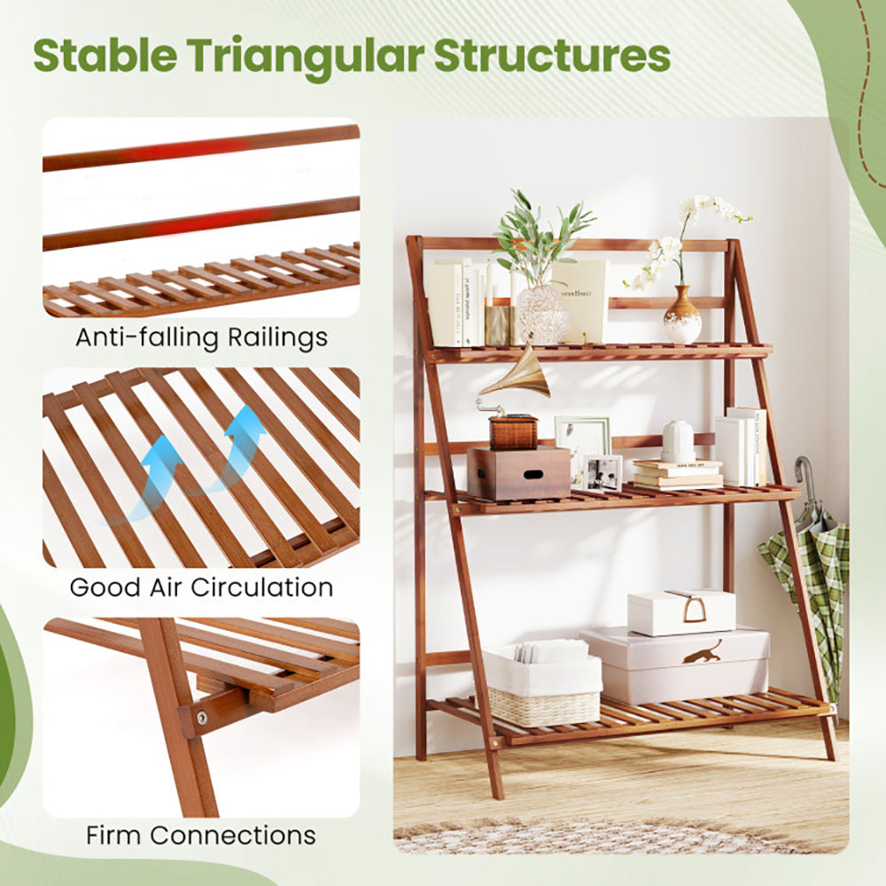 3-Tier Bamboo Ladder Shelf Foldable Plant Flower Bookshelf