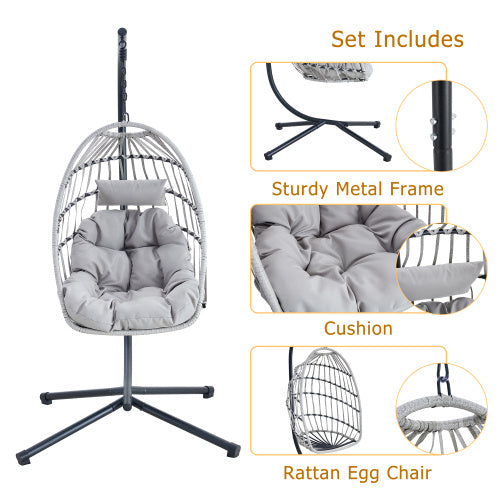 GR Heavy-Duty Iron Hanging Wicker Egg Chair — Single-Person Indoor/Outdoor Swing (Light Gray)