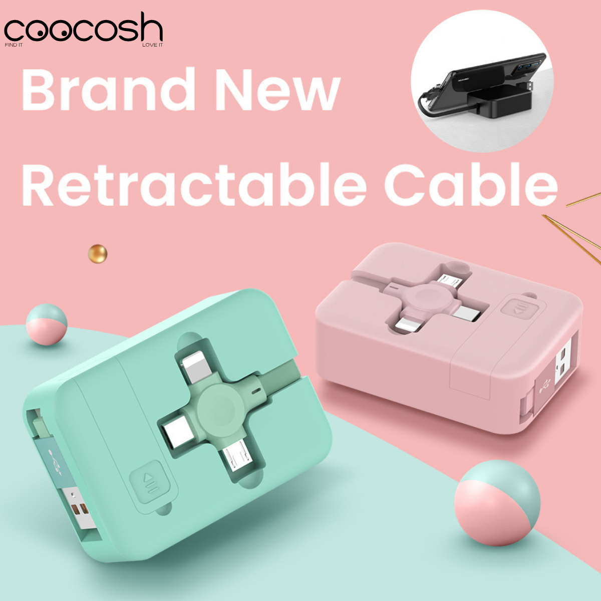 Retractable 3-in-1 Charging Cable with Stand & Storage (USB-A to USB-C/Micro/Lightning, 100 cm, 0.3 A (USB-A Input + 3 Tips)