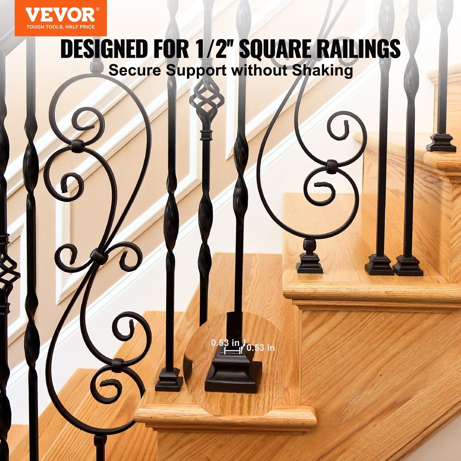 VEVOR Aluminum Alloy Baluster Shoes Stair Flat Shoe With Screw Holes for Square Balusters, Satin Black — 50 Pcs