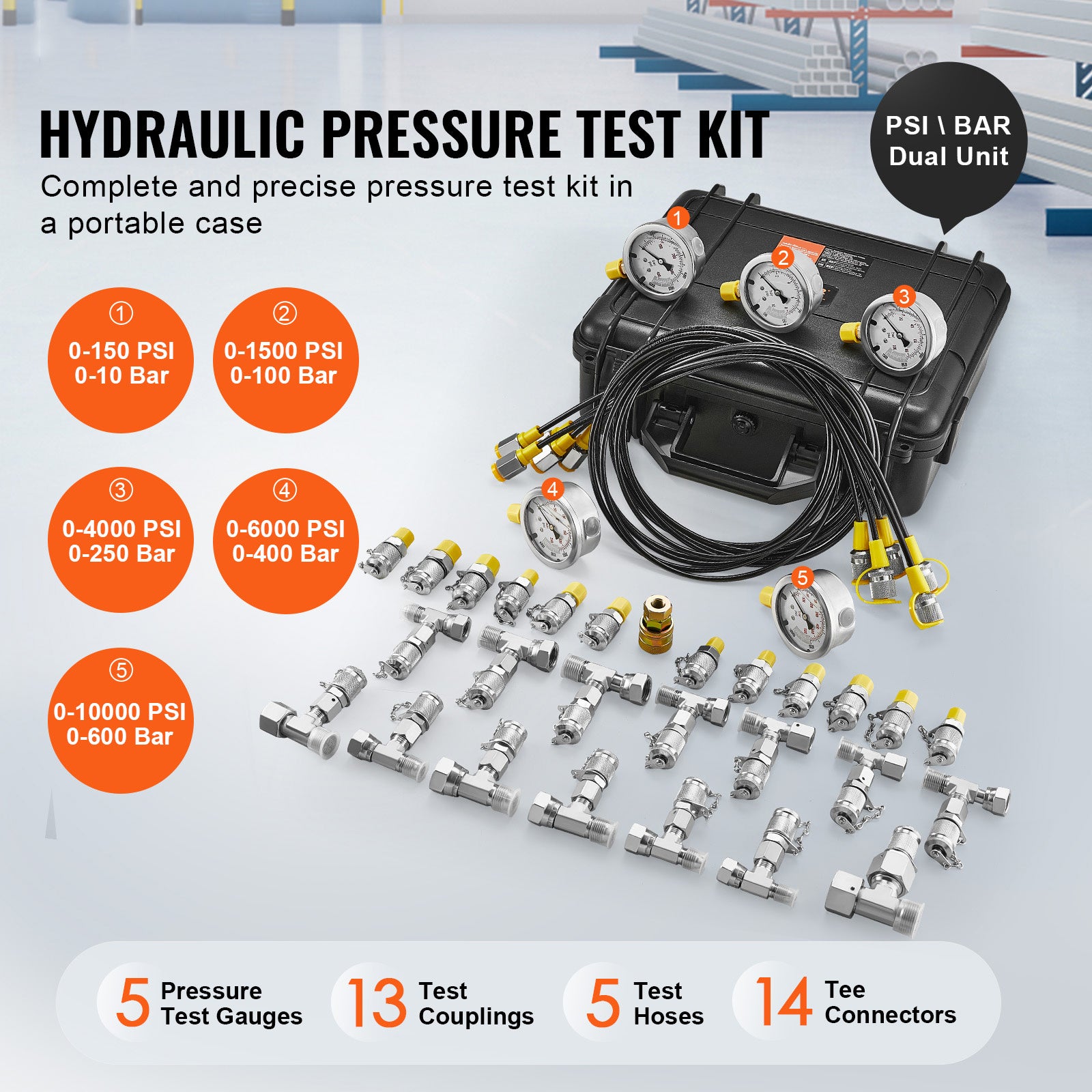 VEVOR Hydraulic Pressure Test Kit, 5 Gauges 13 Couplings 14 Tee Connectors 5 Test Hoses