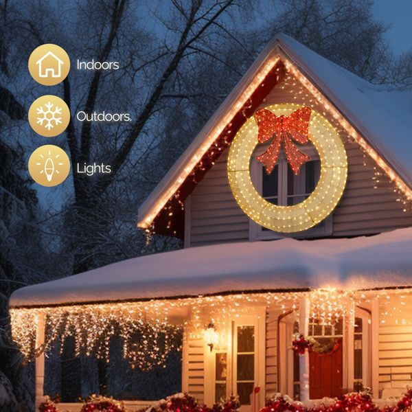 60in Pre-Lit Outdoor Christmas Wreath Decoration — 400 LED, Gold with Red Bow