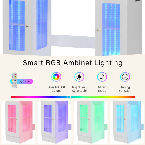 43.3" Vanity Desk With Large Mirror & Hollywood Bulbs — Modern Glass Top Makeup Vanity with Drawers, RGB Cabinets & Power Outlet