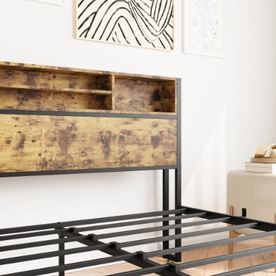 Coocosh metal platform bed elegantly designed with storage headboard and built-in charging station, in a stylish black aesthetic, ideal for podcasting setups and stylish bedrooms.