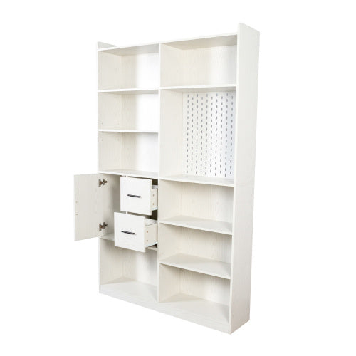 Coocosh modern shelving unit with a pegboard design, offering 9 spacious compartments and 3 integrated drawers, finished in clean white; perfect for showcasing books and decorative pieces.