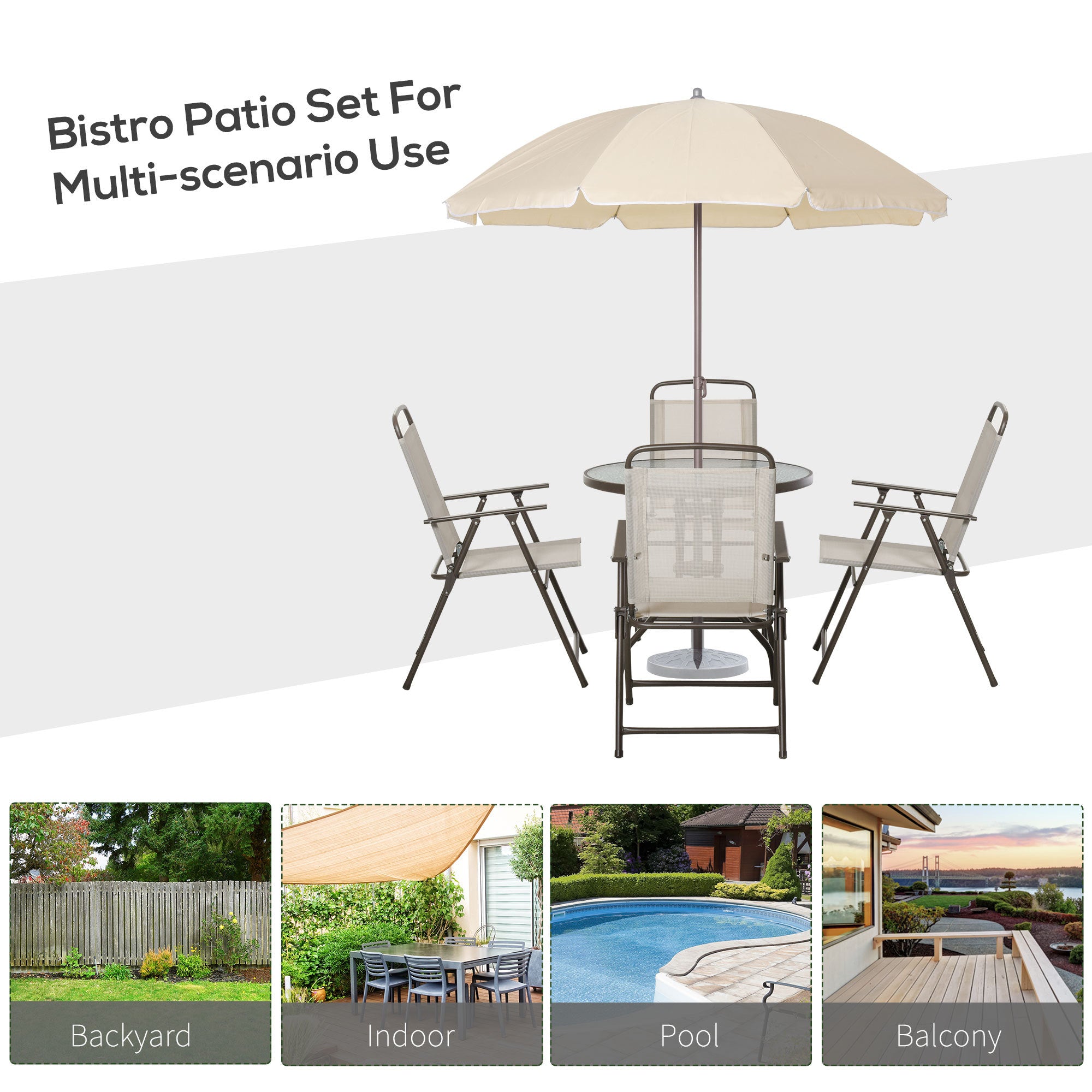 Coocosh outdoor dining set with a sturdy metal frame and tempered glass table, featuring beige foldable chairs, ideal for backyard gatherings.