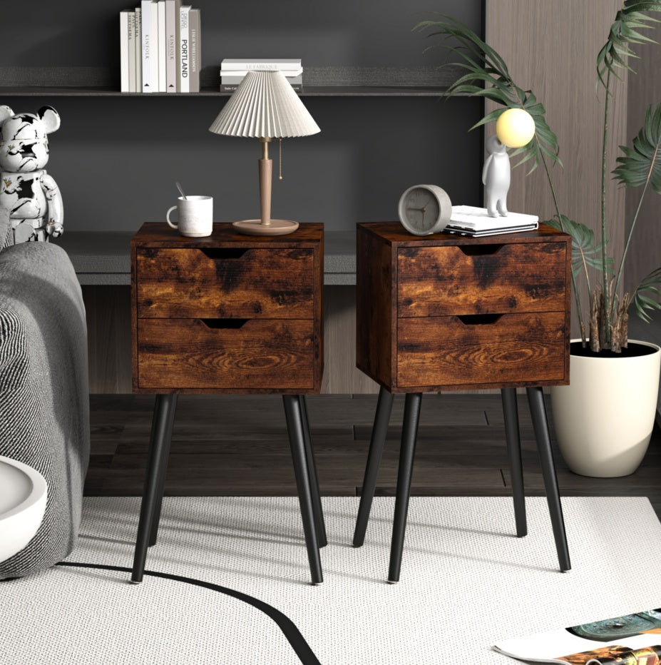 Coocosh Nightstand Set featuring two rustic wooden nightstands with sleek black legs, ideal for modern decor. Rich brown finish enhances aesthetic appeal. Each measures approximately 24 inches high with 2 spacious drawers for optimal storage.