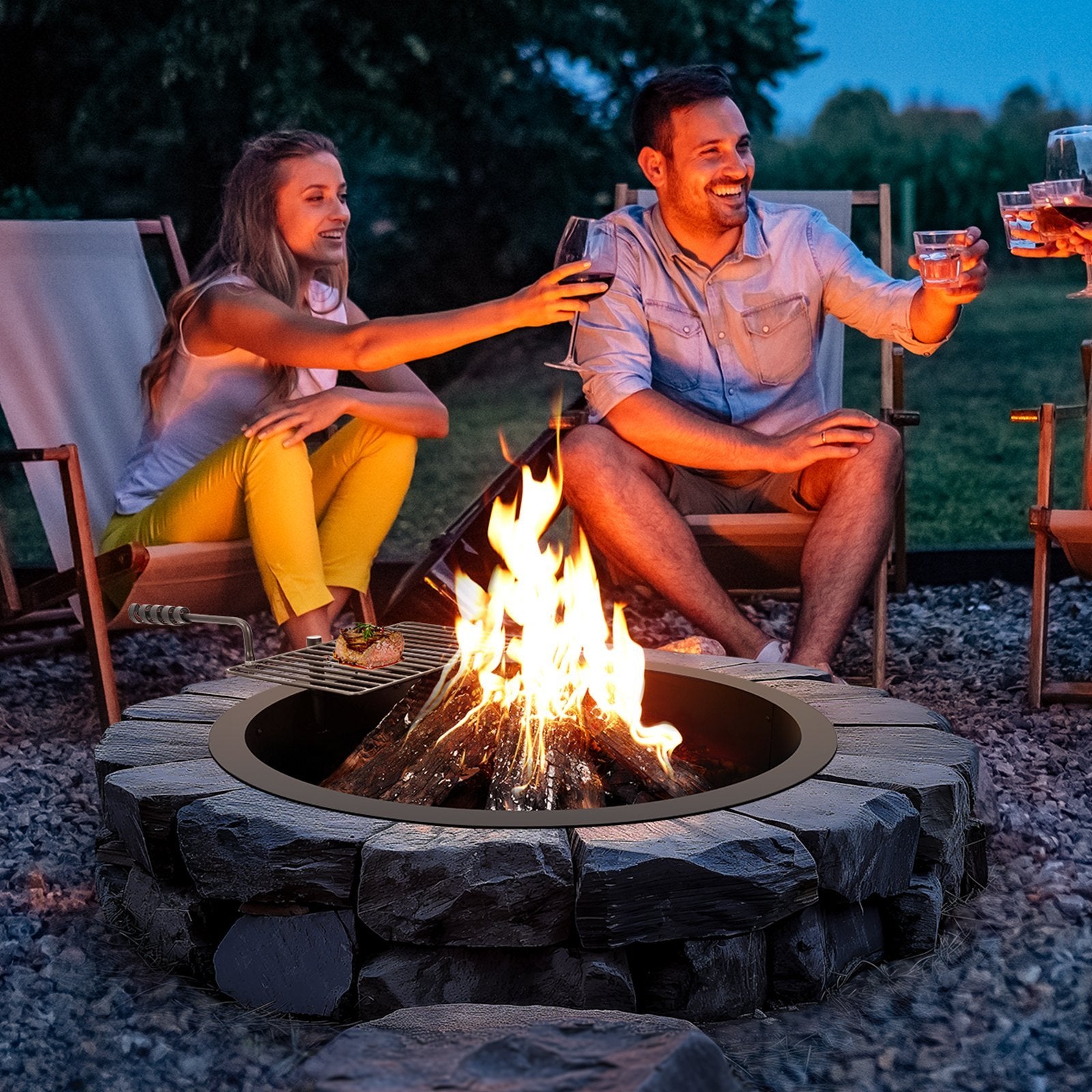 35" Fire Pit Ring with Swivel Grill – Heavy-Duty Steel Outdoor Campfire Insert