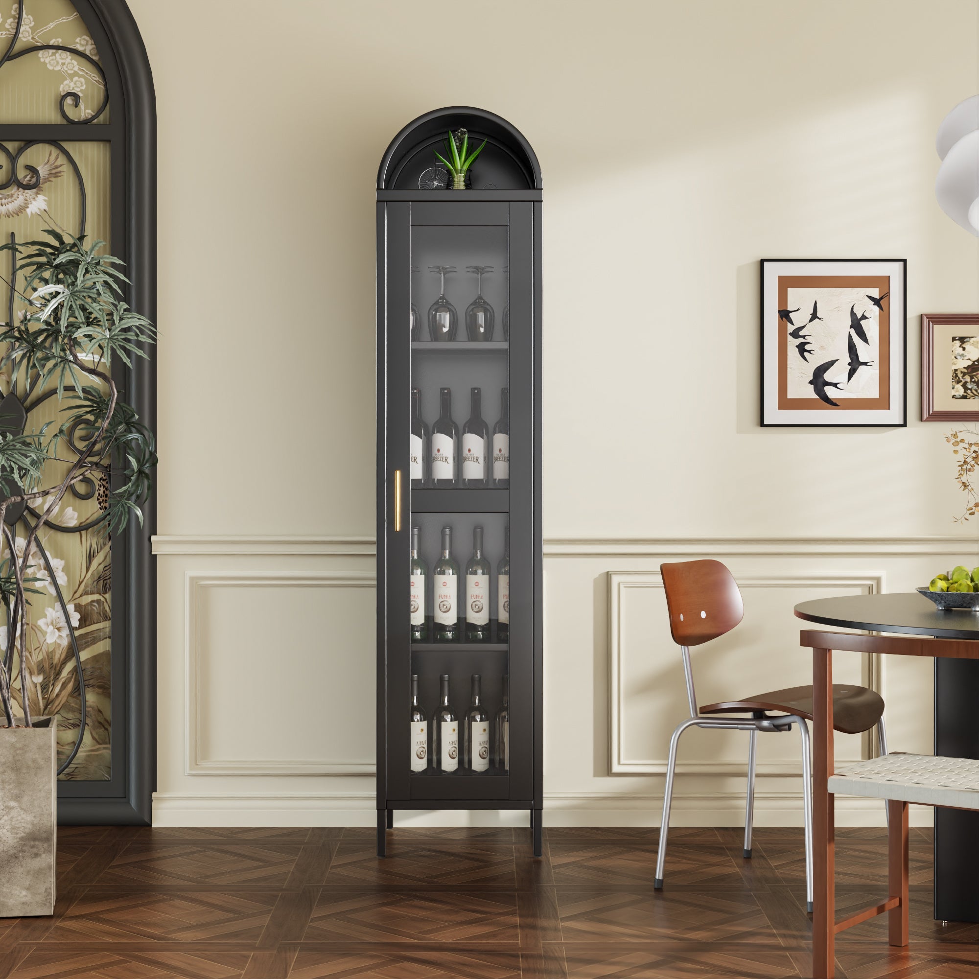 Coocosh Glass Display Cabinet with Modern Design, features a sleek black frame and transparent glass doors, accommodating multiple wine bottles. Perfect for stylish home decor, dimensions suitable for living spaces.
