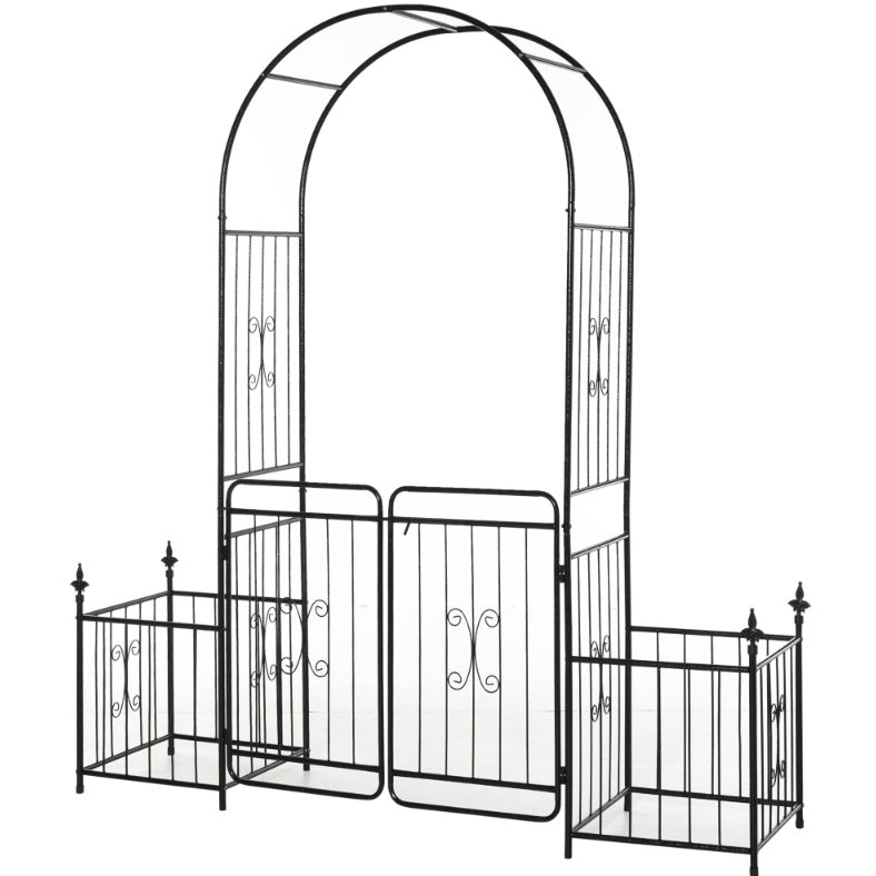 Coocosh Garden Archway with Enclosure, Decorative Black Metal Design, Ideal for Outdoor Spaces, Featuring Elegant Curves and Intricate Detailing, Dimensions Approx. 6ft High, Perfect for Events and Garden Pathways.