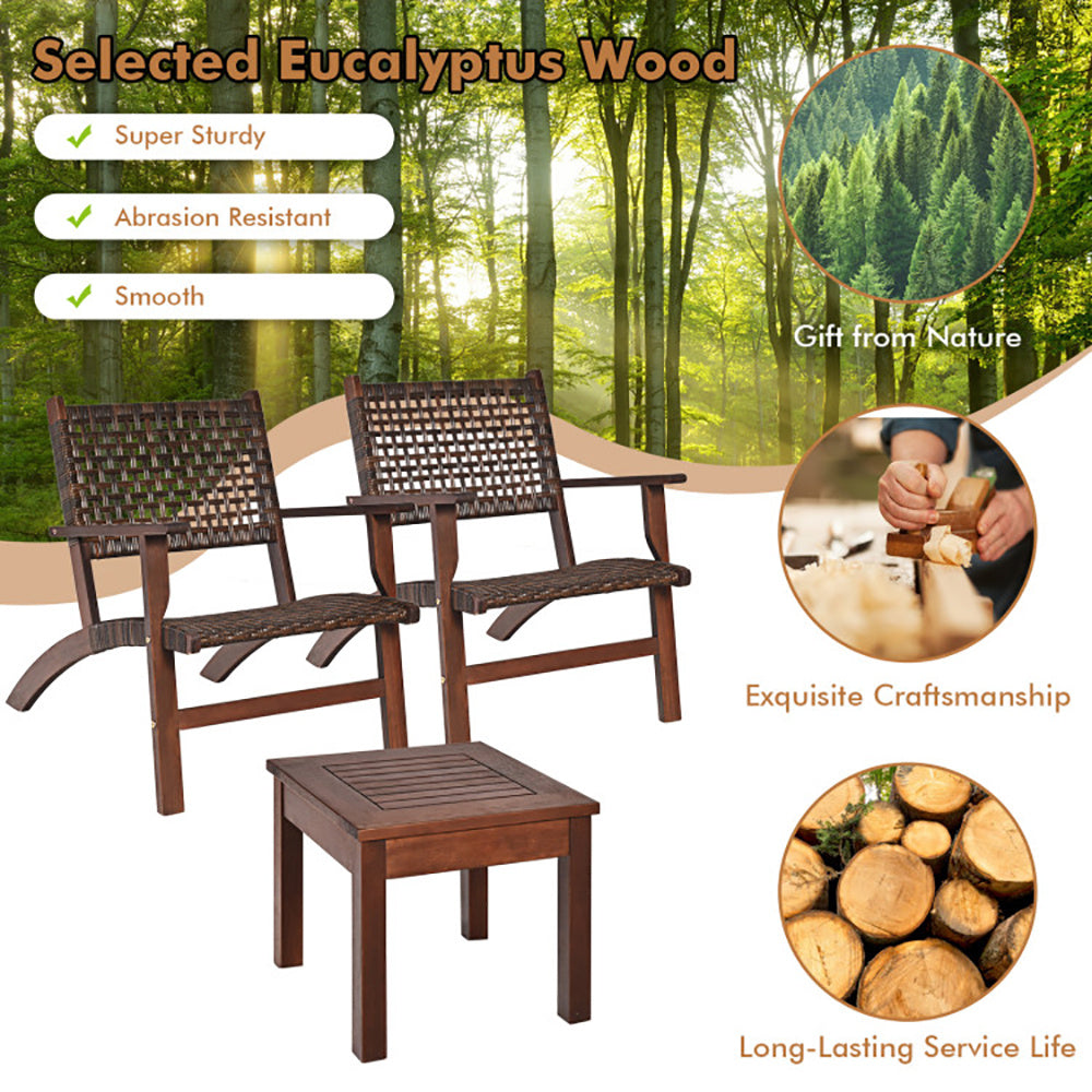 Coocosh Eucalyptus Wood Outdoor Furniture Set featuring two sturdy chairs and a matching table, crafted from selected eucalyptus wood for durability. Rich brown finish, perfect for enhancing your patio or garden space.
