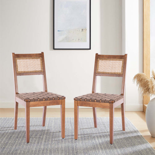 Rattan Leather Woven Strips Kitchen Dining Chair — Set of 2 (18")