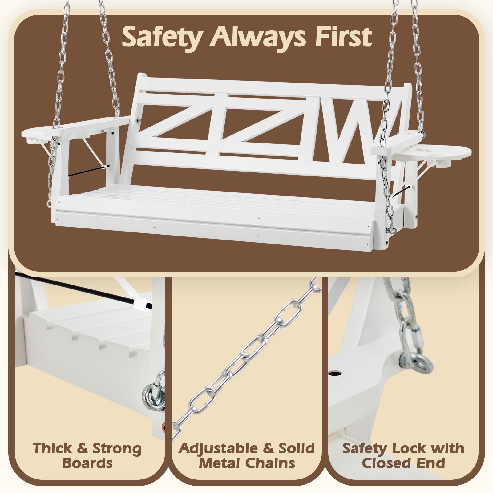 Wooden Outdoor Porch Swing With 2-Seat