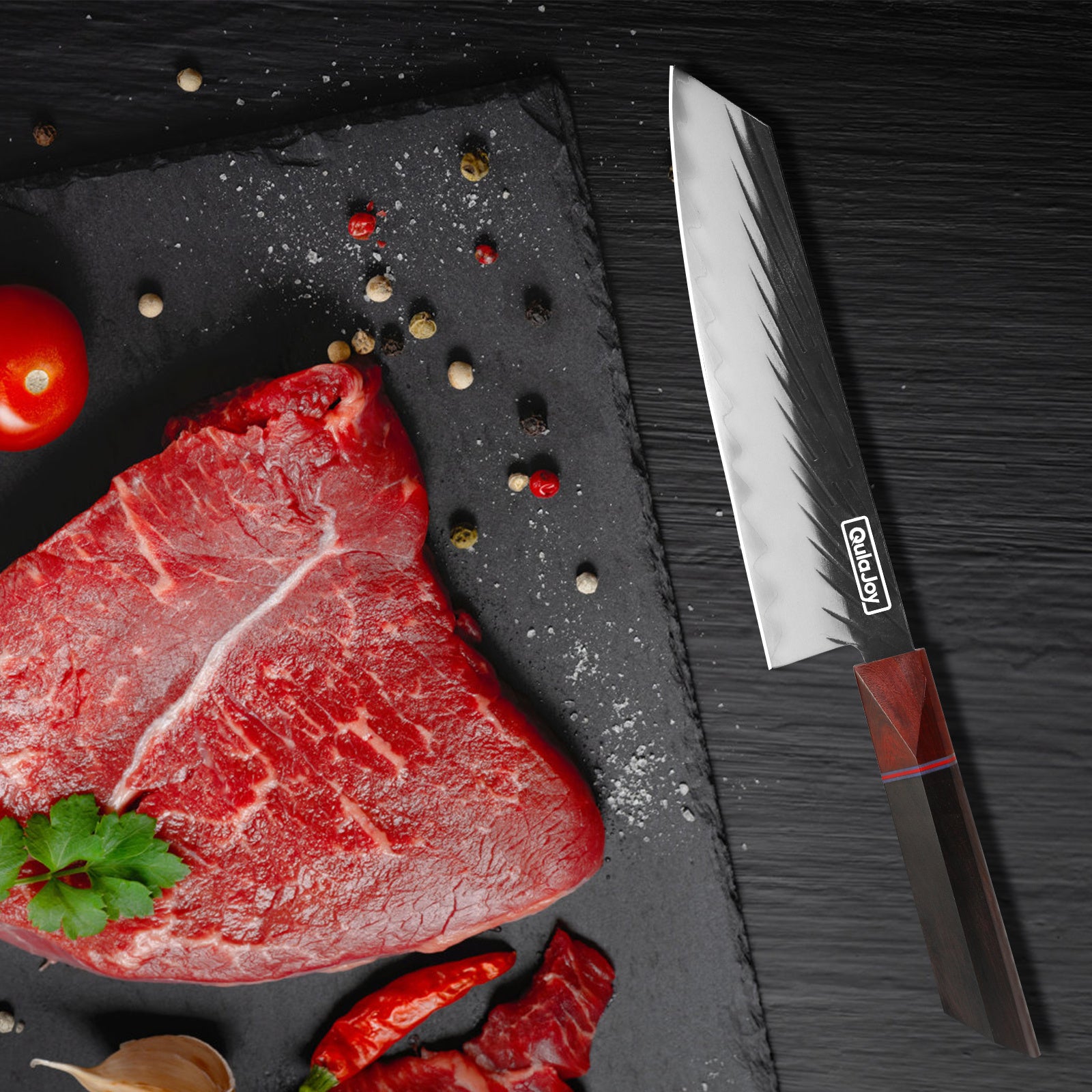 Coocosh Premium Chef's Knife featuring a high-carbon stainless steel blade with a beautiful etched finish, alongside a vibrant red beef steak and fresh ingredients on a black slate board.