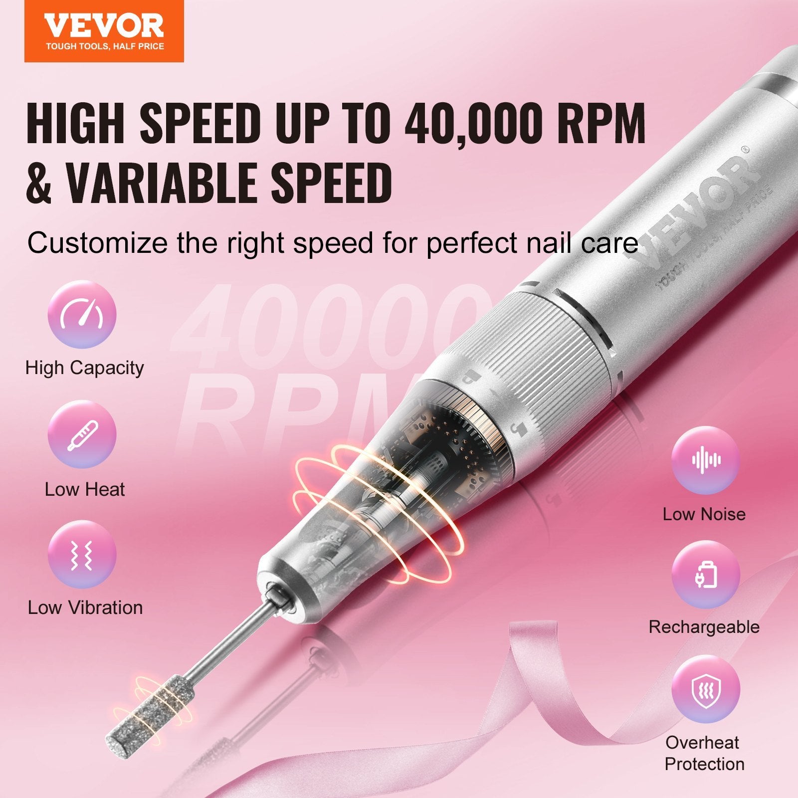 VEVOR Electric Rechargeable Nail Drill - 40,000RPM Cordless E-File with LCD