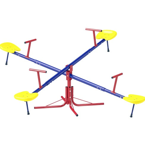 Coocosh 4-Seater Seesaw with sturdy metal frame in vibrant red and blue with bright yellow seats, offering a playful bouncing experience for children. This main view shot showcases the interactive playground equipment in its entirety.