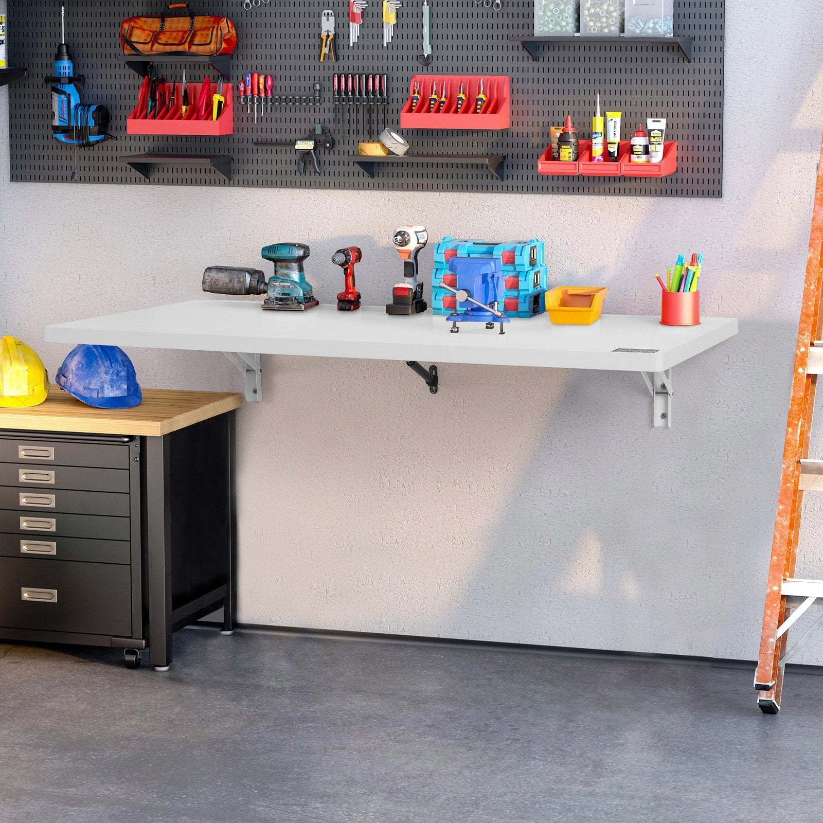 VEVOR Wall Mounted Folding Table, Wall Mount Drop Leaf Table, Floating Desk With Iron Bracket, Fold Down Desk For Small Spaces, Home Office, Dining, Laundry Room, Kitchen, Bar, White