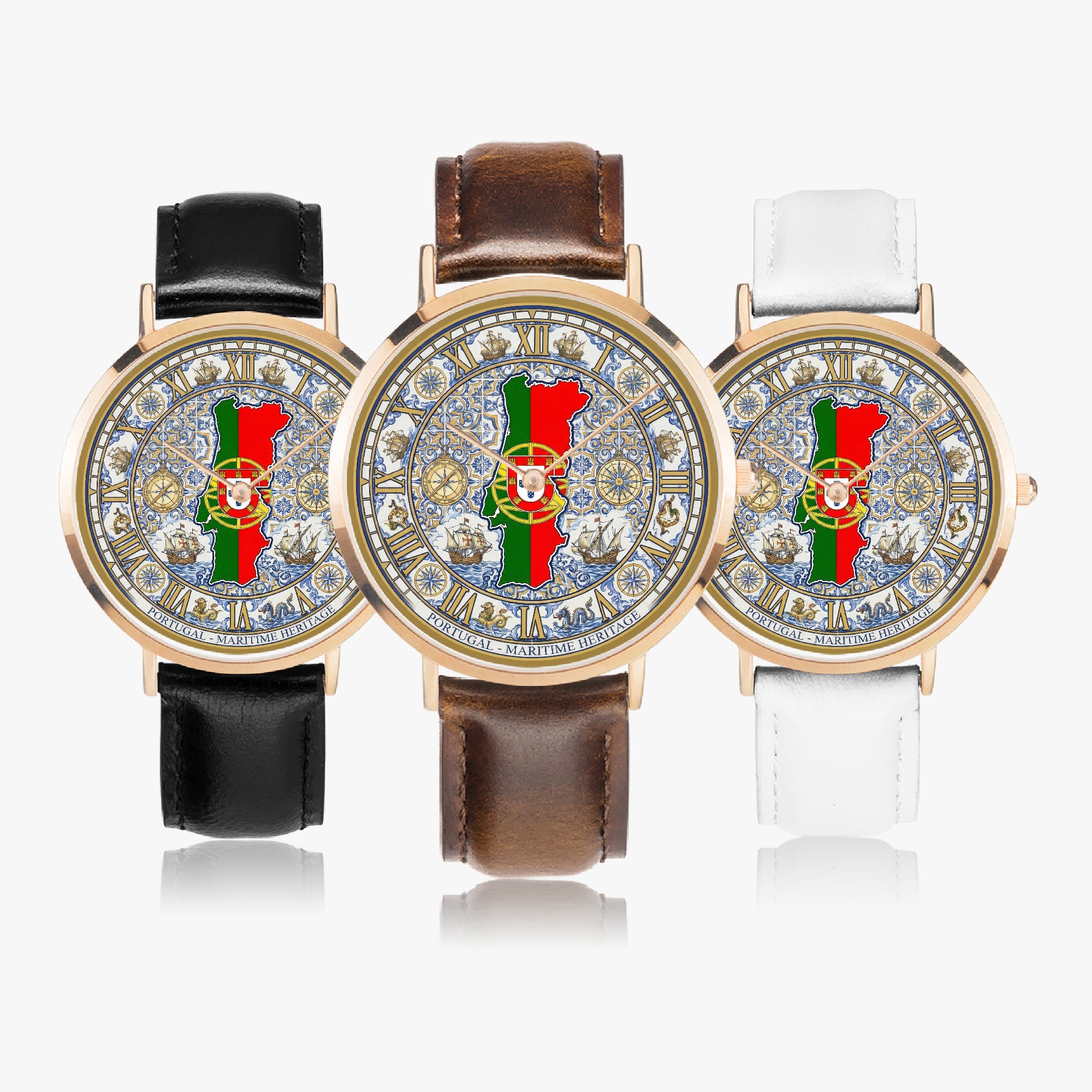 Coocosh Portugal Heritage Edition watches, featuring elegant rose gold and genuine leather bands in black, brown, and white, deliver timeless sophistication and versatile style, perfect for elevating any occasion with effortless grace.