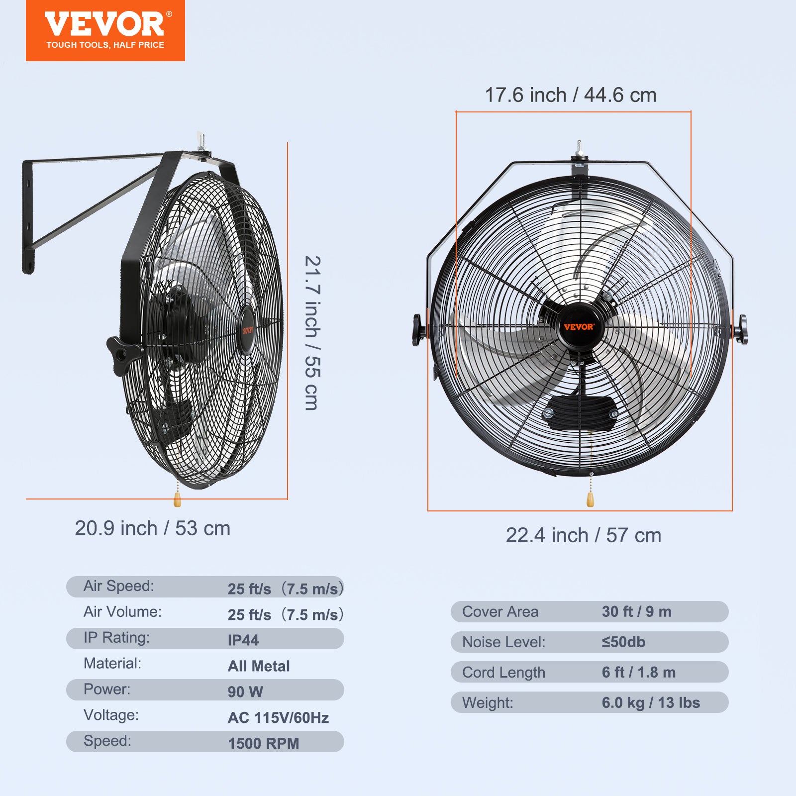 VEVOR Wall Mount Fan, 18 Inch — 3-Speed High Velocity, 4150 CFM, Waterproof, ETL Listed