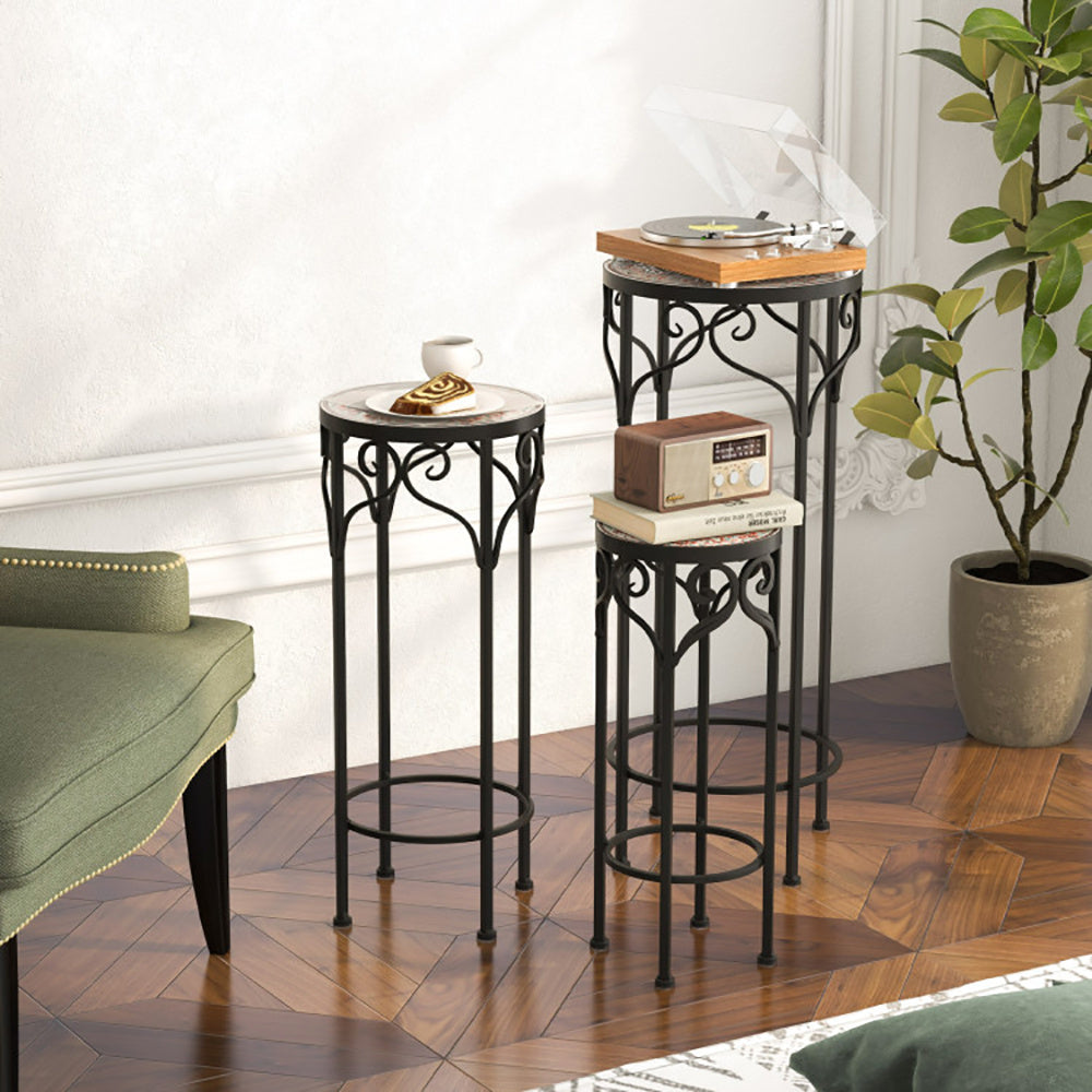 Coocosh Decorative End Tables Set of Three with Elegant Metal Frames, Marble-Topped Surfaces, Black and Natural Wood, Featuring Stylish Curved Designs and Perfect for Living Room or Entryway.