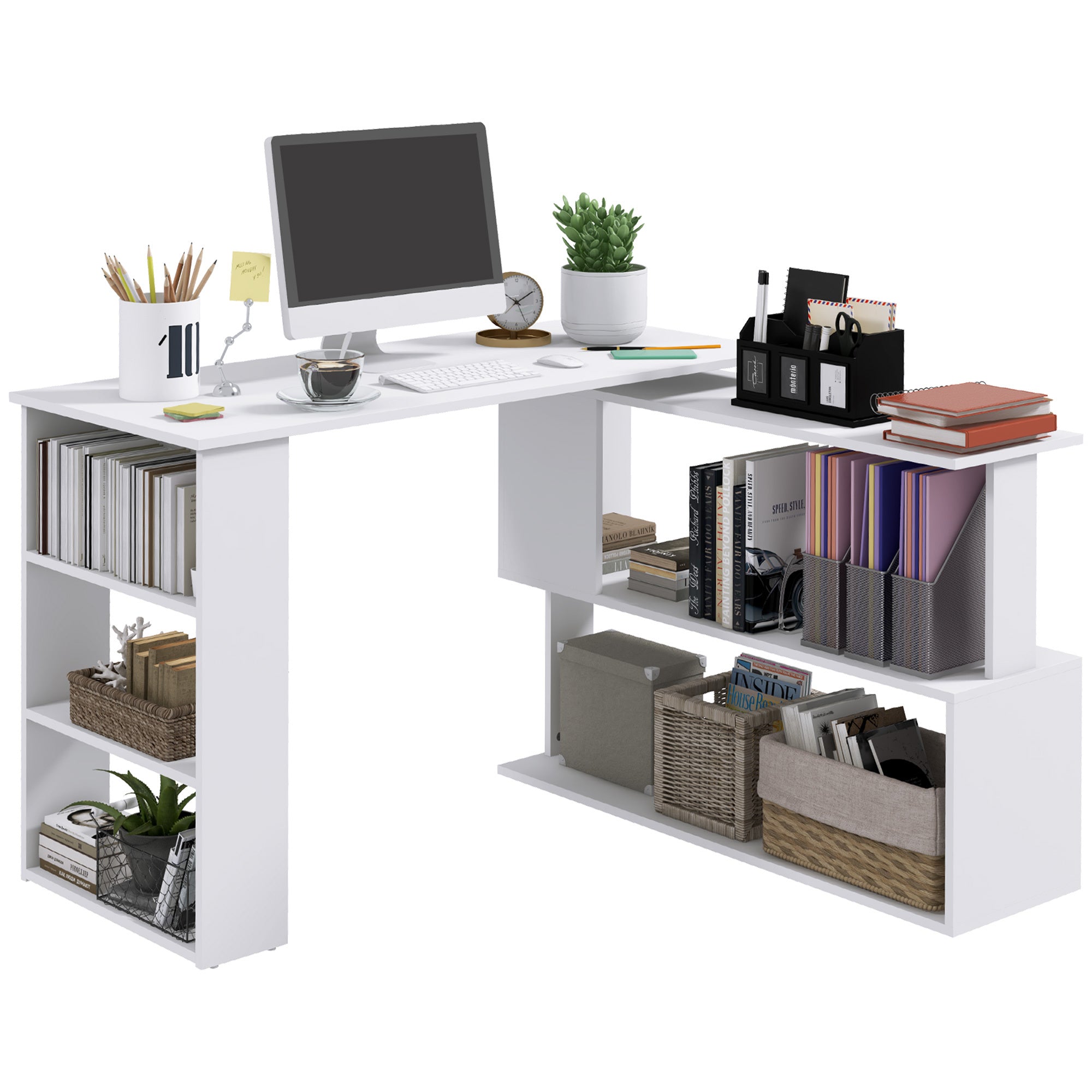 360° Rotating L-Shaped Corner Computer Desk with Storage Shelves, White