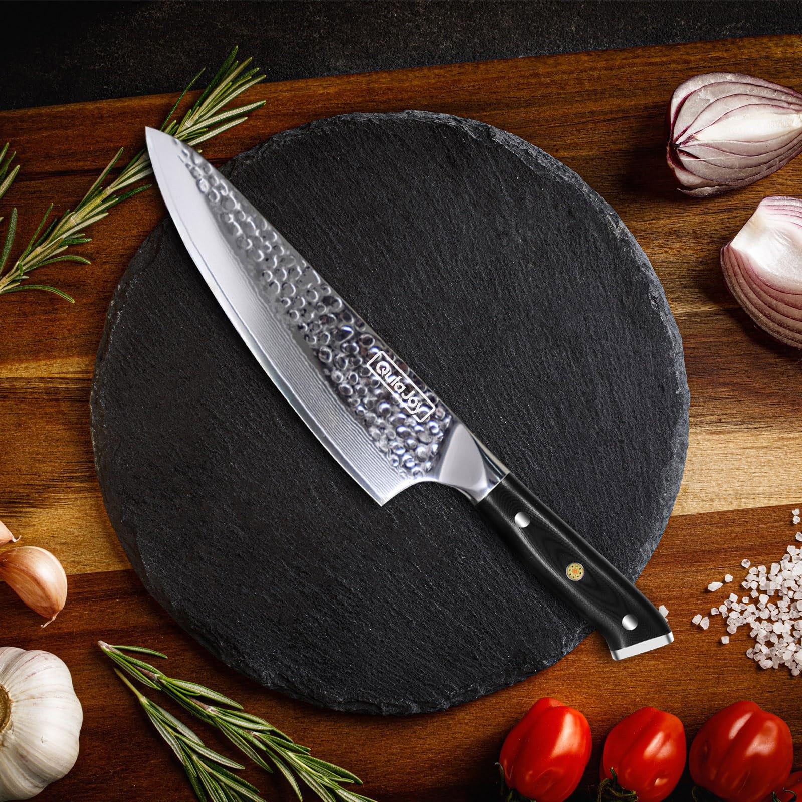 Qulajoy Chef Knife 8 Inch — VG-10 67-Layer Damascus, Hammered Blade, G10 Handle