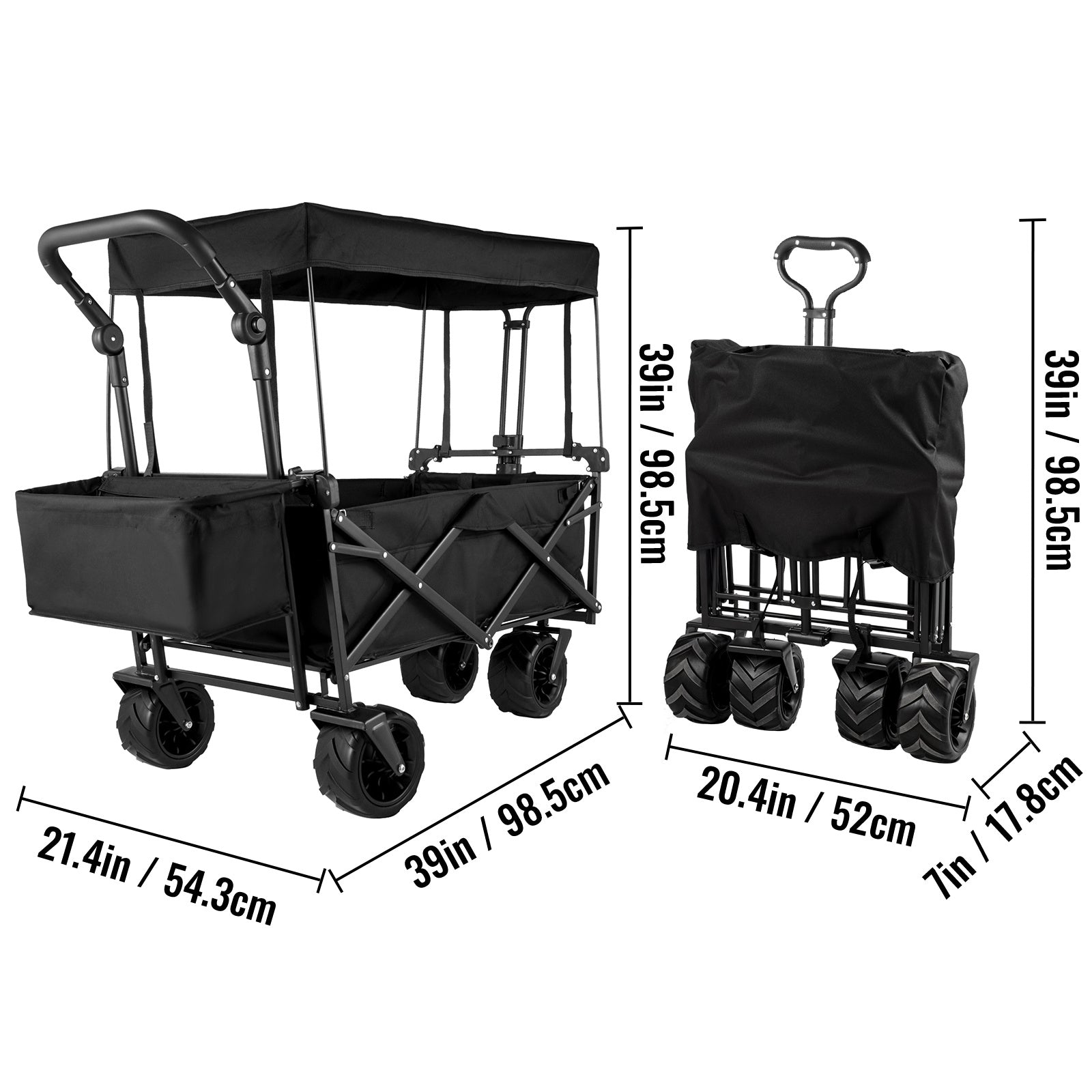 VEVOR Extra Large Collapsible Garden Cart With Removable Canopy, Folding Wagon Utility Carts With Wheels And Rear Storage, Wagon Cart For Garden, Camping, Grocery Cart, Shopping Cart, Black