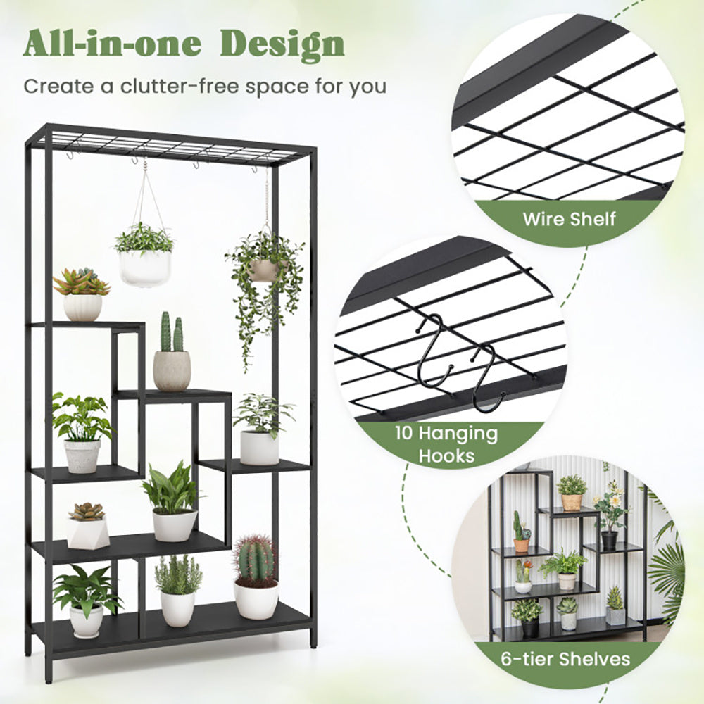 6-Tier Tall Plant Stand 71 Inch Metal Indoor Plant Shelf With 10 Hanging Hooks
