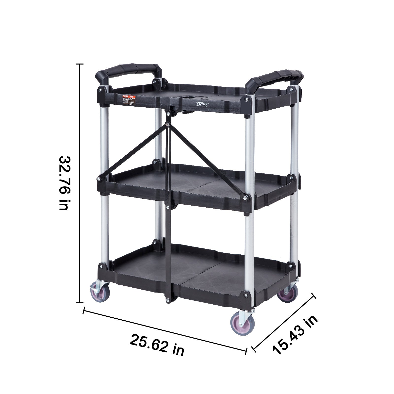 VEVOR Foldable Utility Service Cart, 3 Shelf 165LBS Heavy Duty Plastic Rolling Cart With Lockable Wheels, Ergonomic Handle, Portable Garage Tool Cart