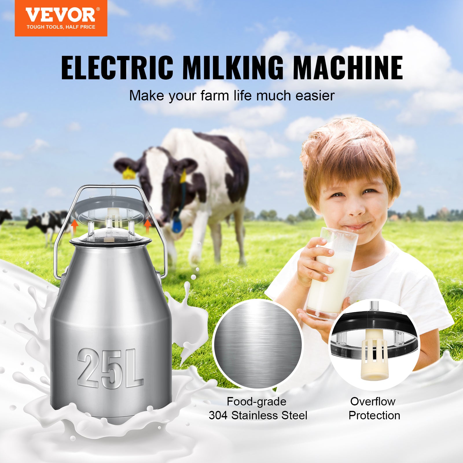 VEVOR Electric Cow Milking Machine, 25L (6.6 Gal) 304 Stainless Steel Bucket, Portable Vacuum Milker