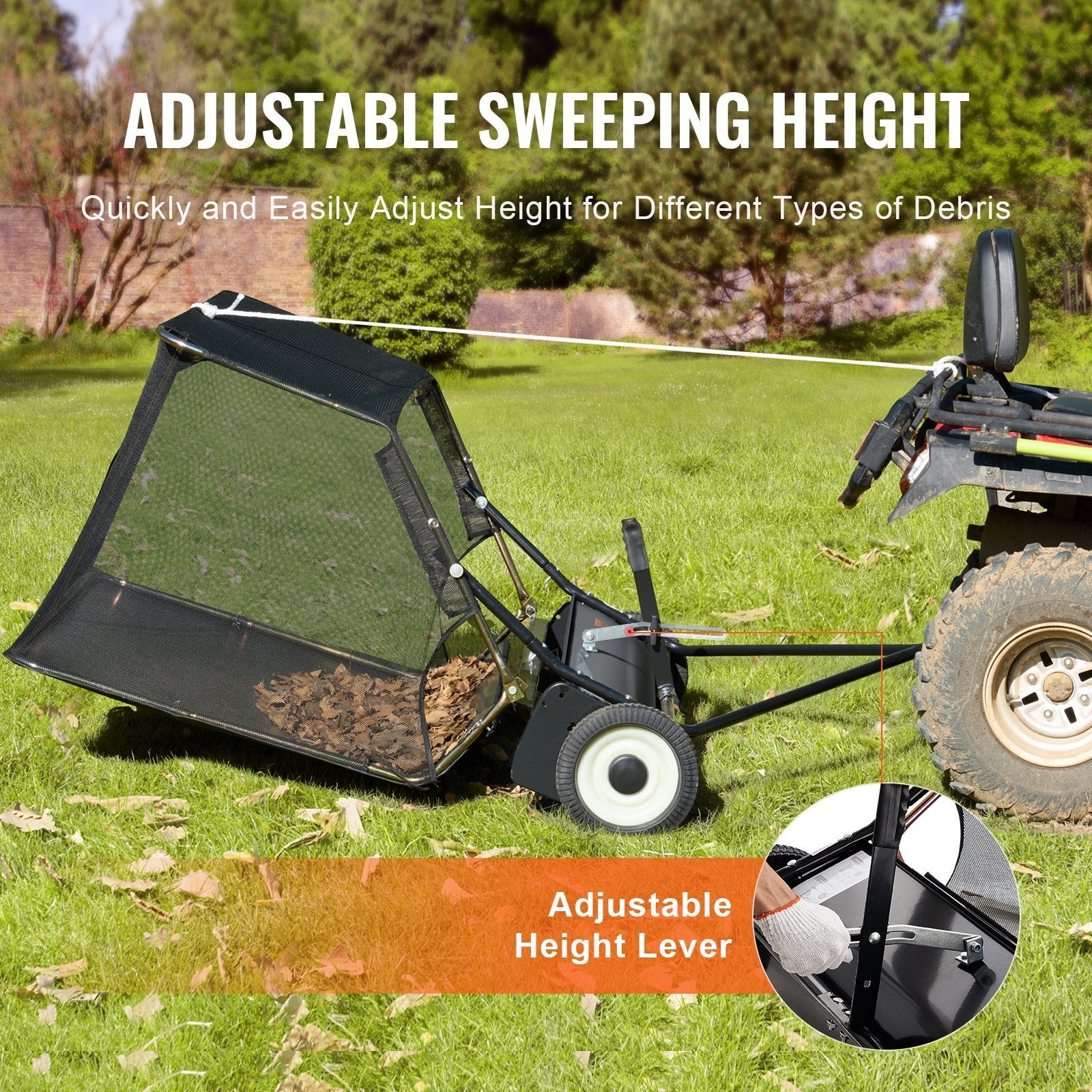 VEVOR Tow-Behind Lawn Sweeper 42-inch Leaf Yard Collector 12 Cu.ft. Adjustable