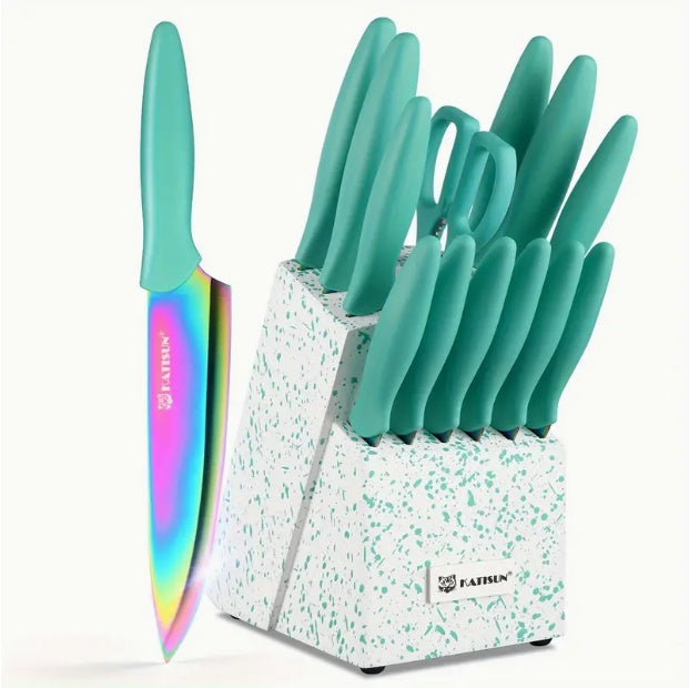 14-Piece Rainbow Colored High Carbon Stainless Steel Kitchen Knife Set with Wooden Stand & Scissors