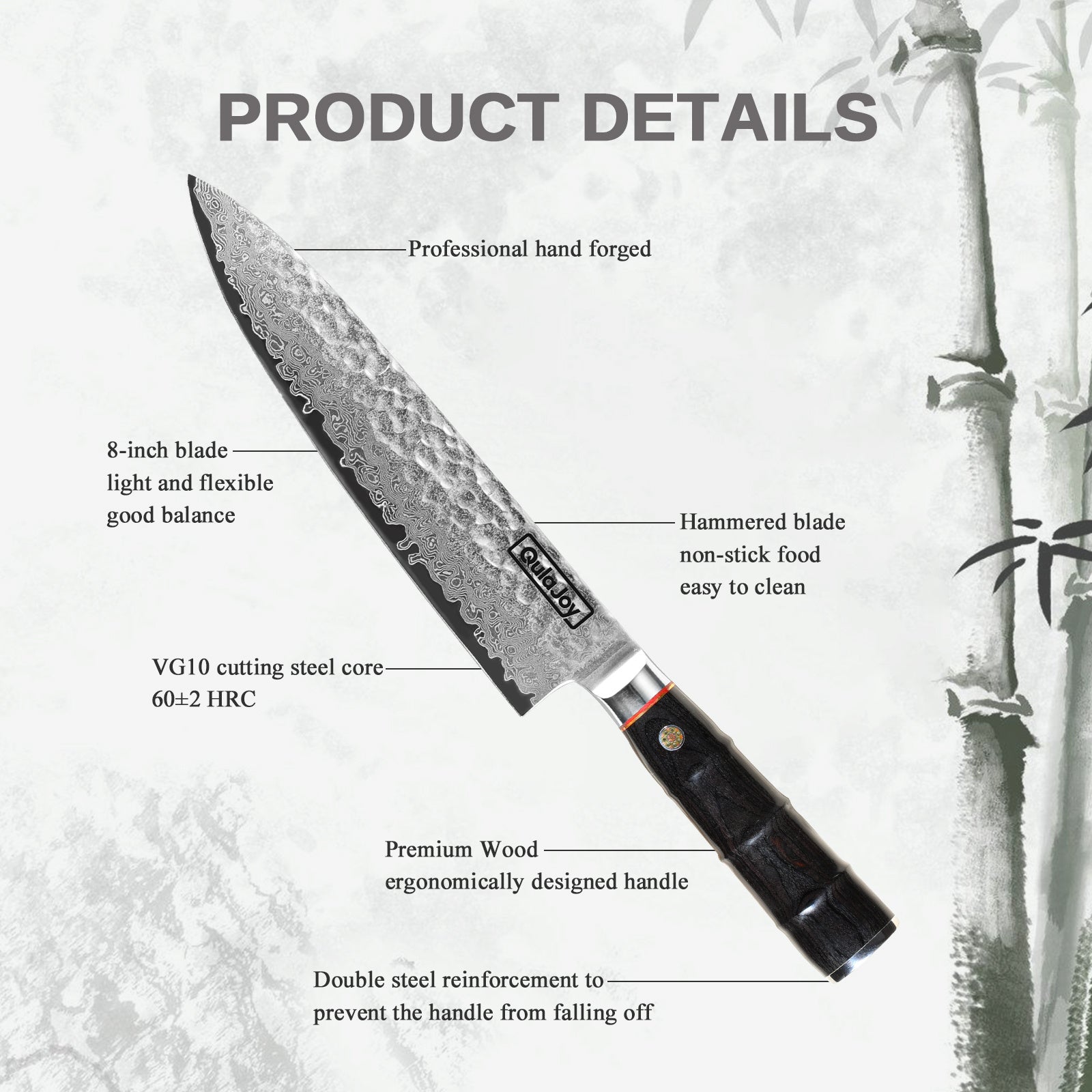 Qulajoy Japanese Chef Knife 8 Inch, 67-Layer Damascus VG-10 Steel Core — Hammered Blade & Ergonomic Bamboo-Style Wooden Handle