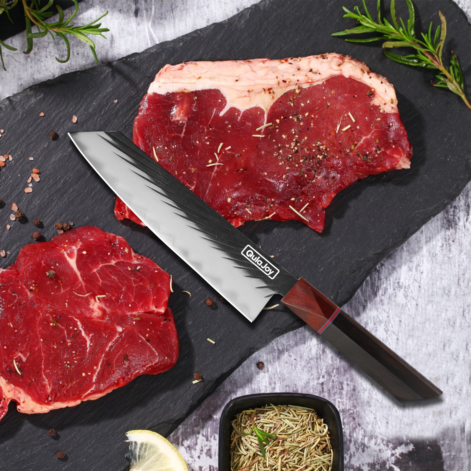 Quljoy Chef's Knife with a sharp stainless steel blade and dark wood handle, positioned on a slate board next to fresh red meat, ideal for precision cutting in culinary tasks.