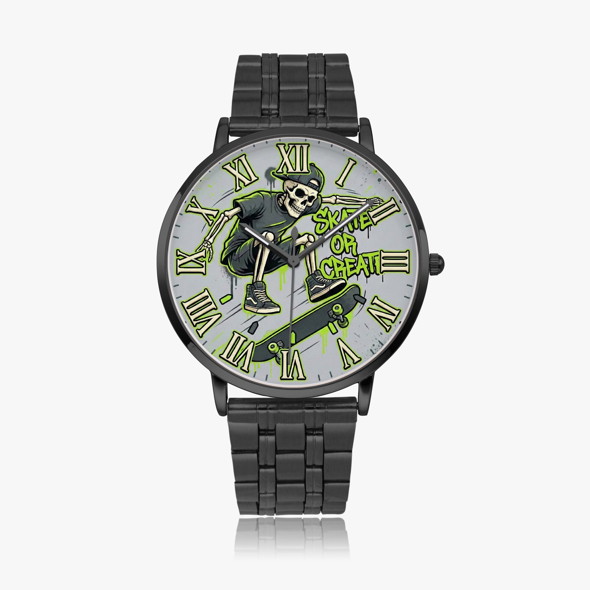 Coocosh playful Quartz Watch featuring a striking graphic of a skeleton skating against a vibrant background. This unisex luxury timepiece blends durability with edgy style, making it the perfect accessory to elevate any outfit.