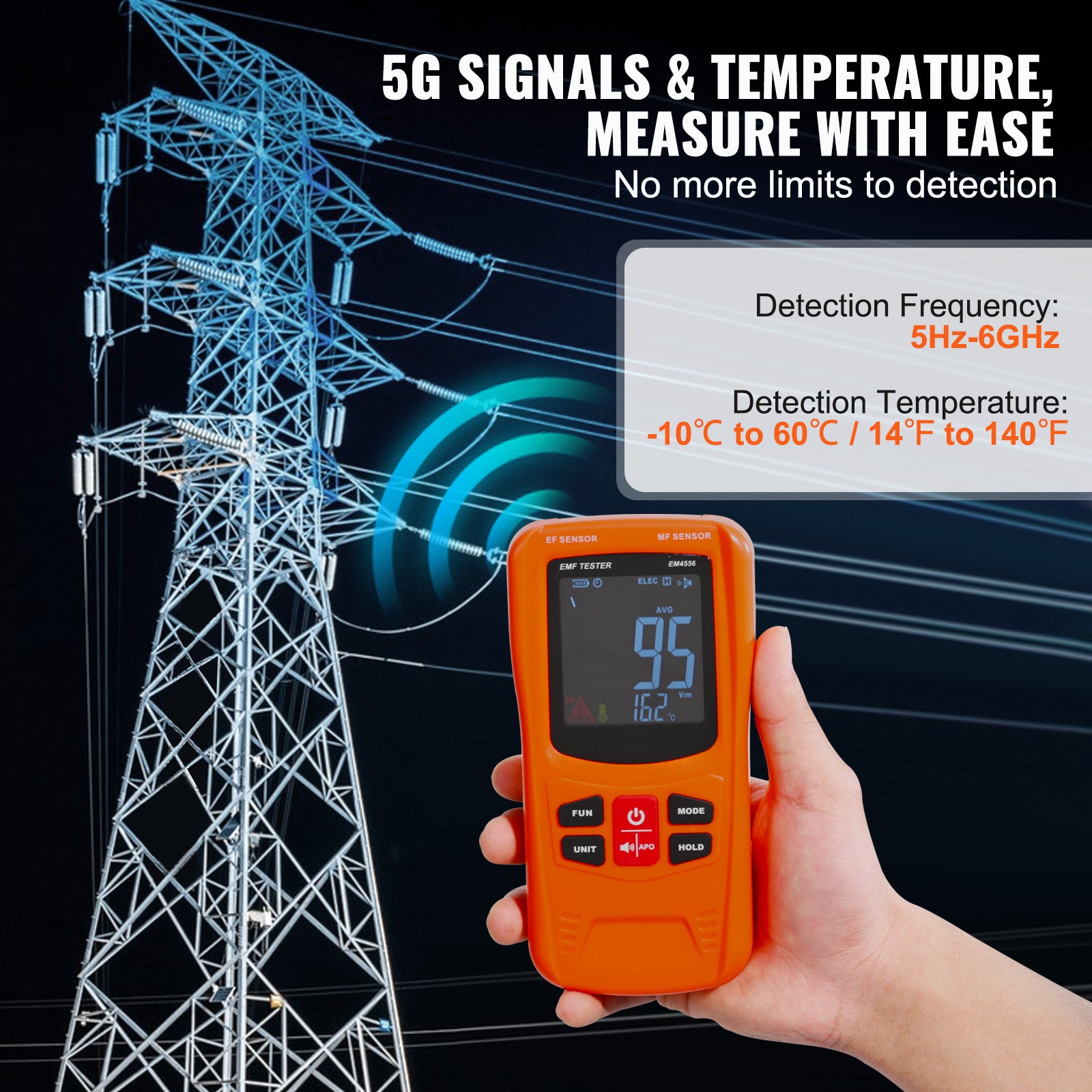 VEVOR 3-in-1 EMF Meter, 5Hz-6GHz — Handheld Rechargeable EF/MF/RF Detector