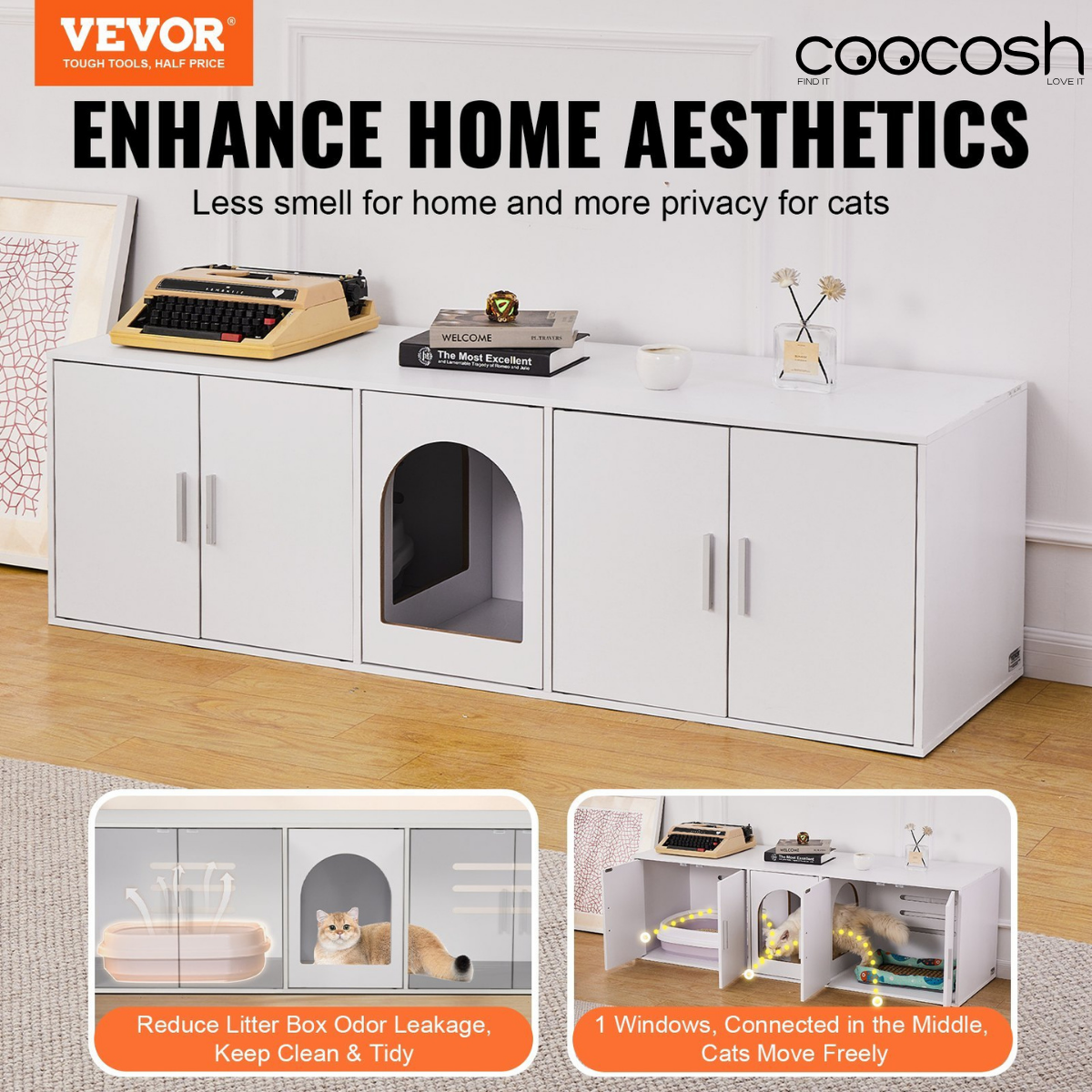 Cat Litter Box Furniture Enclosure – Hidden Bench Cabinet, White