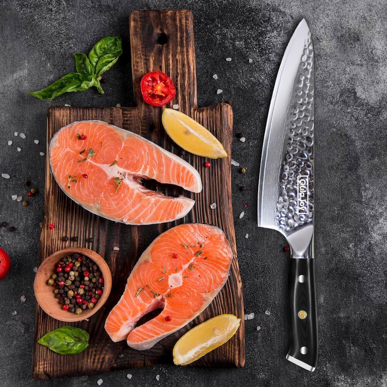 Qulajoy Chef Knife 8 Inch — VG-10 67-Layer Damascus, Hammered Blade, G10 Handle