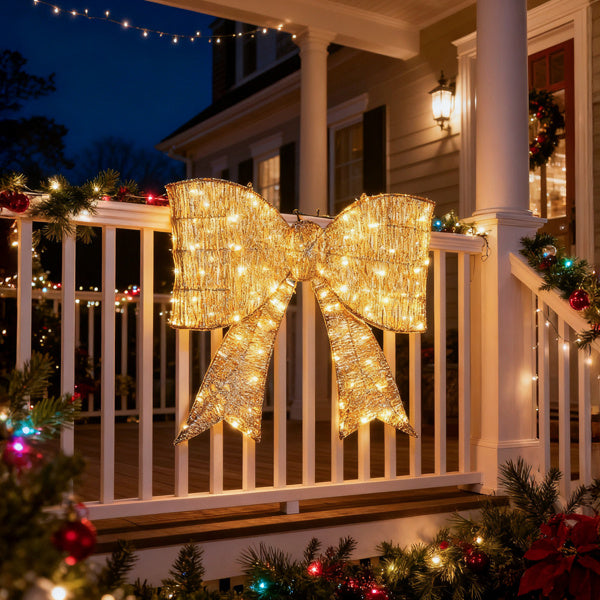 Pre-lit Outdoor Giant Bowknot Christmas Decoration, 124 Warm White LEDs, Golden