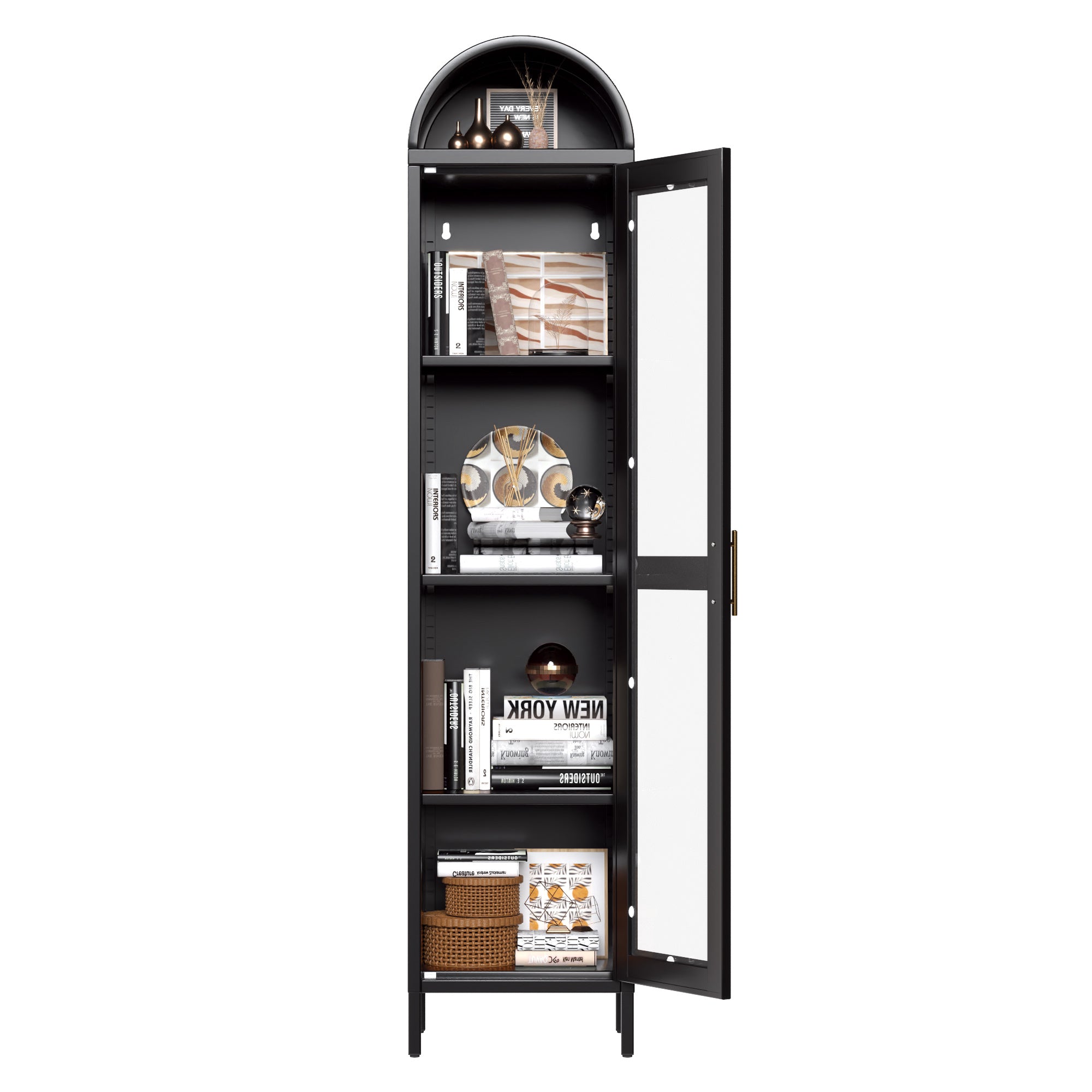 Stylishly designed by Coocosh, this black and white storage cabinet combines steel durability with adjustable shelves, perfectly suited for home studio settings.