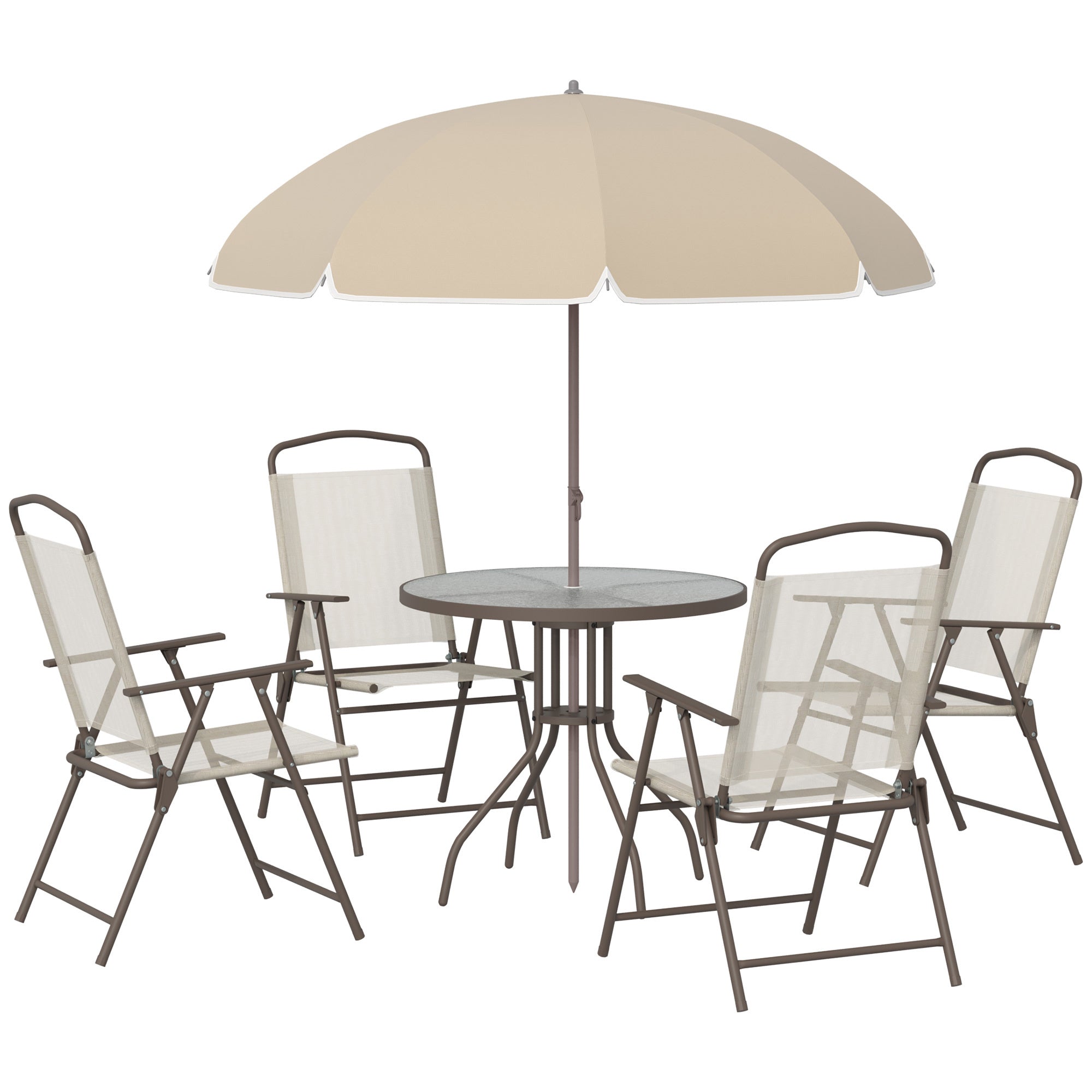 Coocosh Patio Set featuring a durable PE netting table with a metal frame, complemented by four beige fabric folding chairs, all under a matching beige umbrella, designed for outdoor comfort and style.