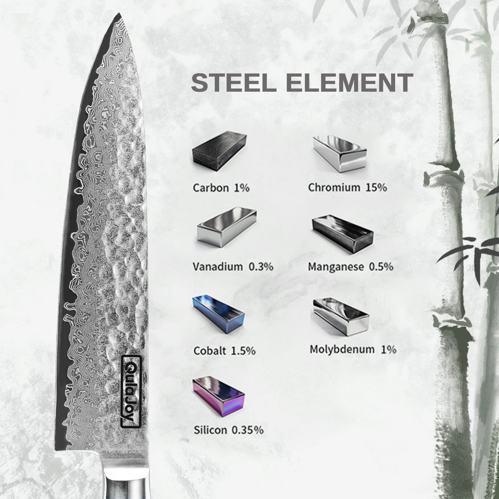 Qulajoy Japanese Chef Knife 8 Inch, 67-Layer Damascus VG-10 Steel Core — Hammered Blade & Ergonomic Bamboo-Style Wooden Handle