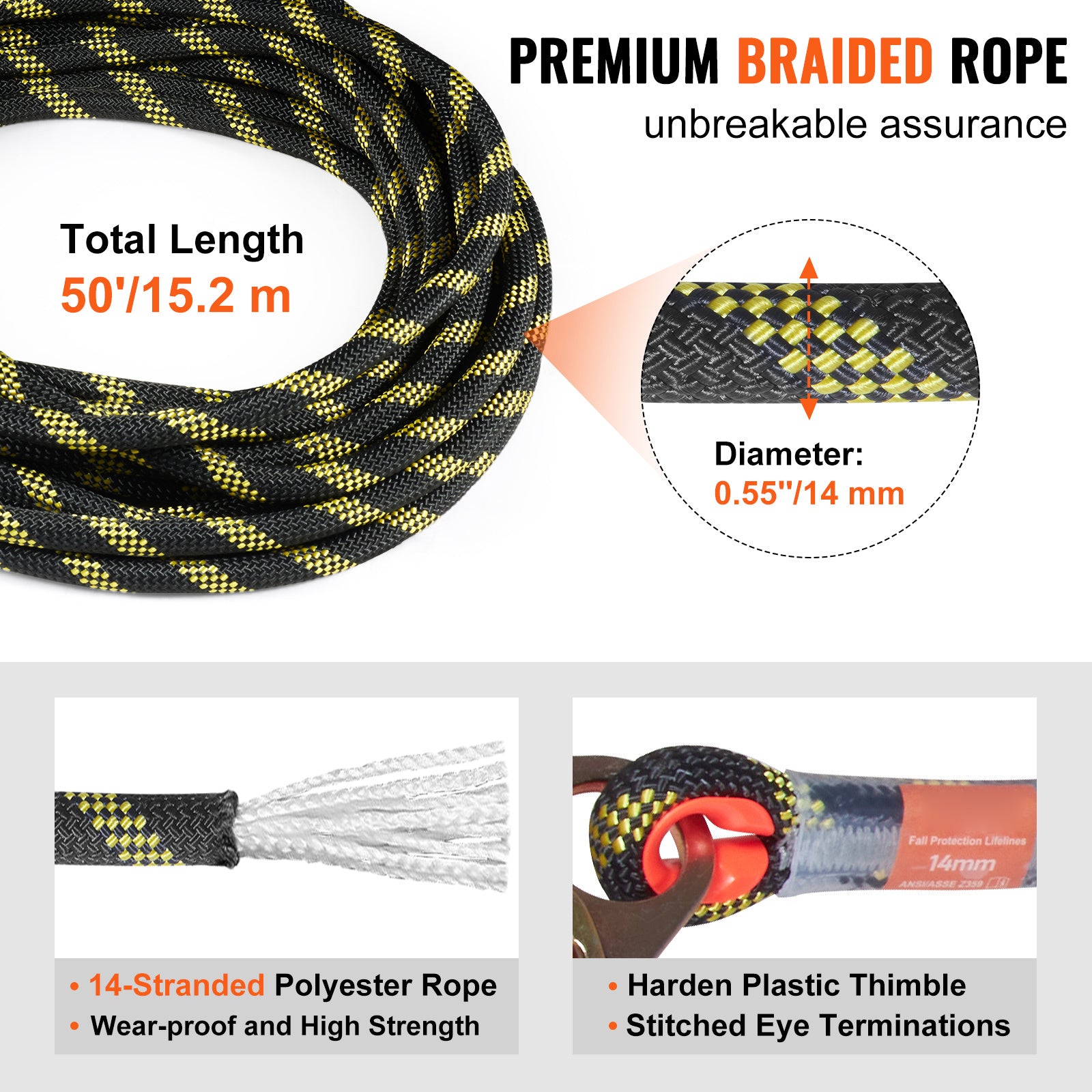 VEVOR Vertical Lifeline Assembly — 0.55in x 50ft Polyester Fall Protection Rope, 30 KN